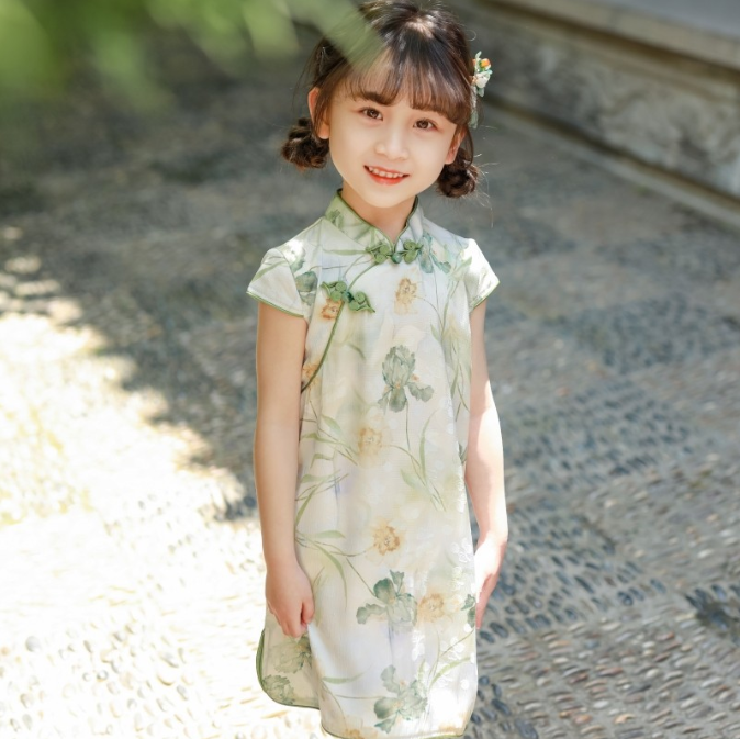 Pastel green floral imitation silk Qipao dress, Chinese traditional kids wear Cheongsam