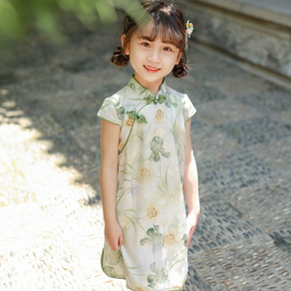 Pastel green floral imitation silk Qipao dress, Chinese traditional kids wear Cheongsam