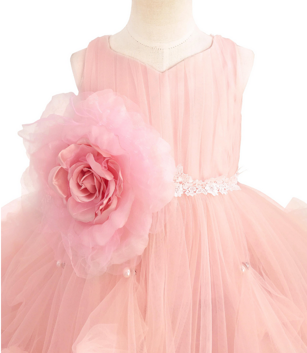 Ruffled fluffy V-neck blush pink girl gown dress, Princess birthday pageant dress