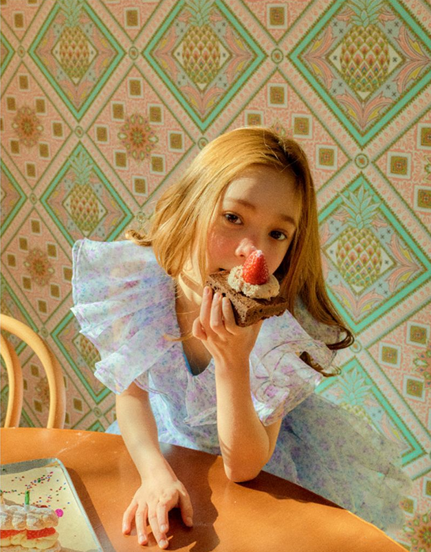 Floral blue ruffles sleeves girls birthday dress