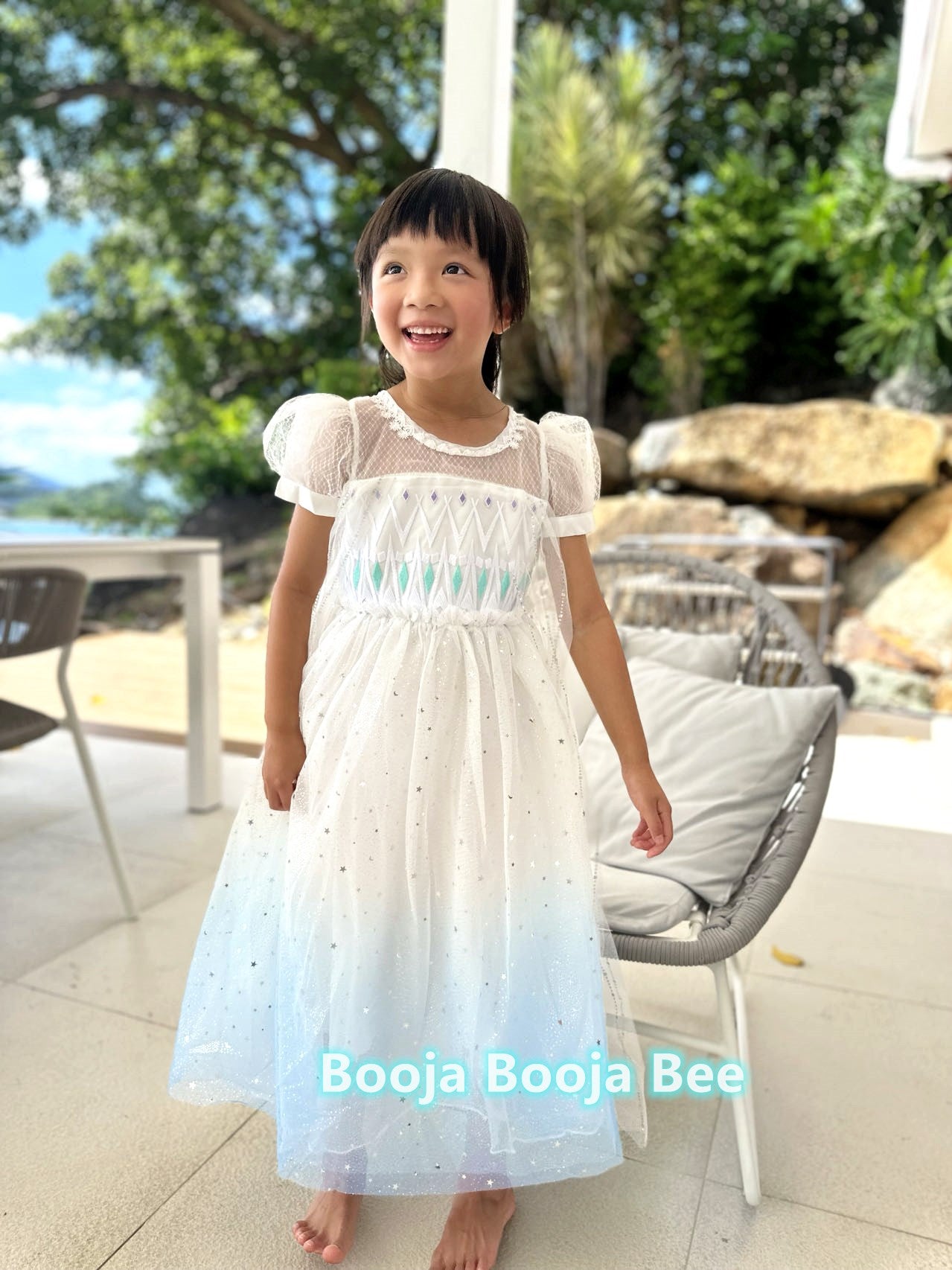 Frozen Princess Elsa ombre puff sleeves dress, Girls birthday queen party sequins tulle