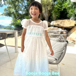 Frozen Princess Elsa ombre puff sleeves dress, Girls birthday queen party sequins tulle