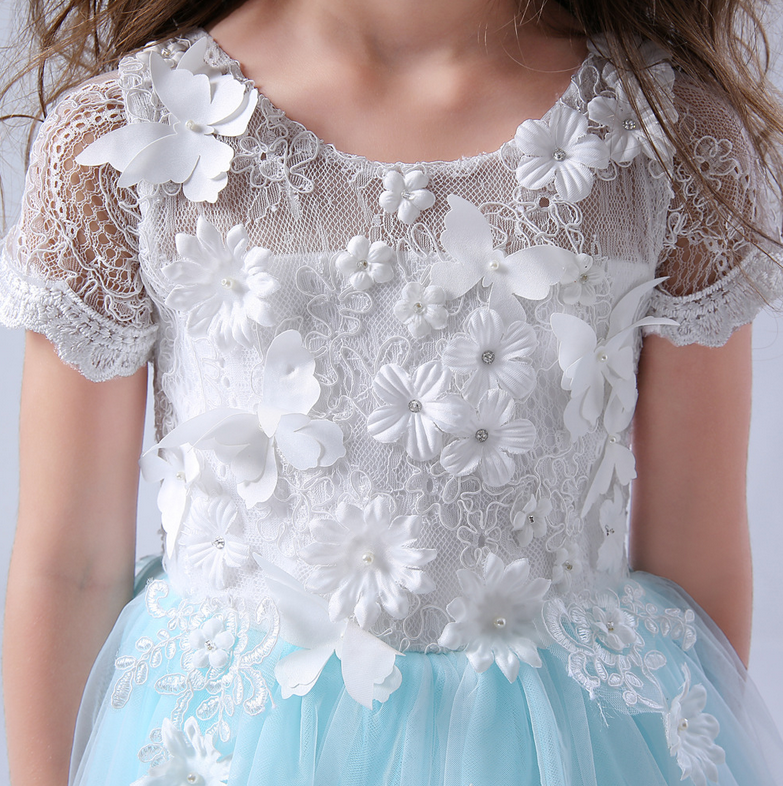3D white butterflies embroidery blue tulles gown dress