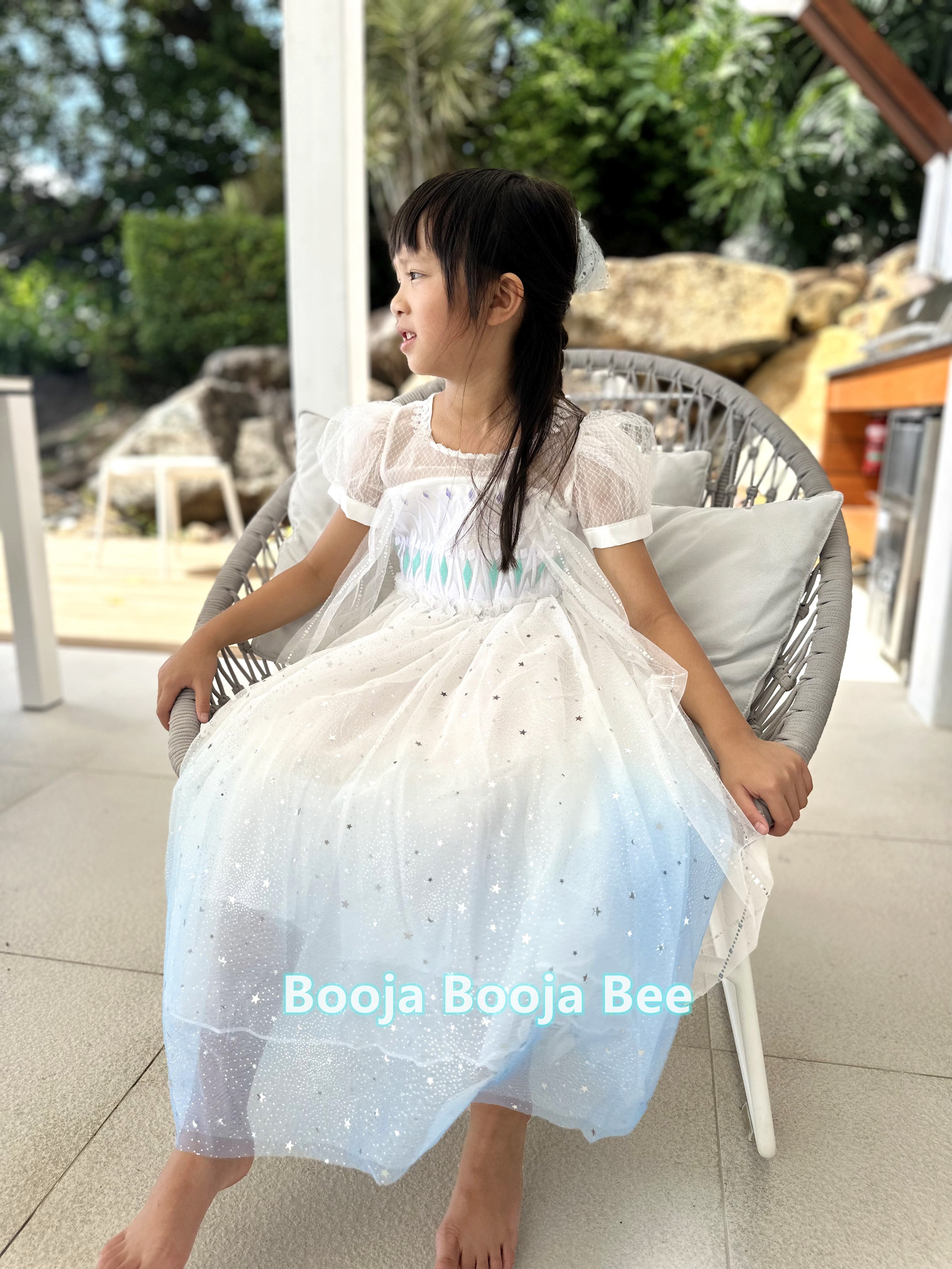 Frozen Princess Elsa ombre puff sleeves dress, Girls birthday queen party sequins tulle