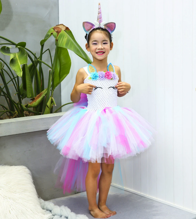 Unicorn fancy high low style tutu dress, Pastel colour girls party outfits set