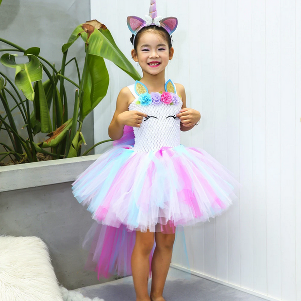 Unicorn fancy high low style tutu dress, Pastel colour girls party outfits set