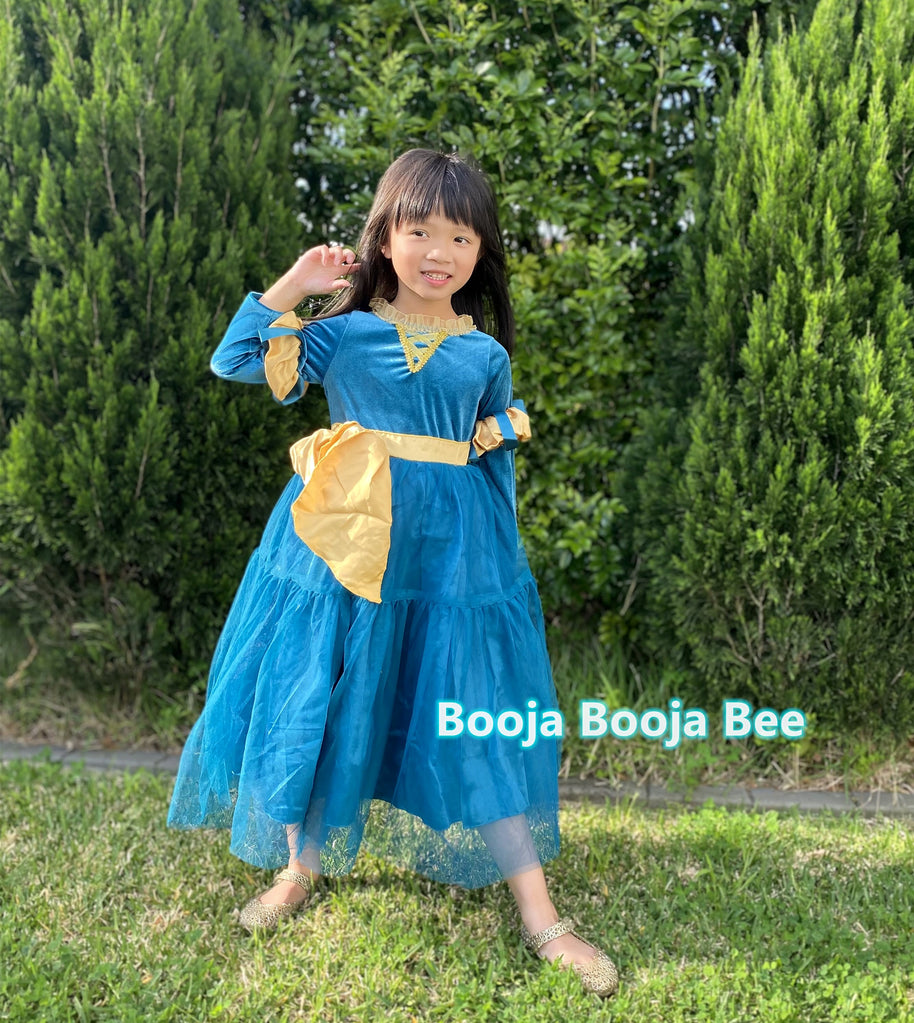 Brave Merida deluxe velvet costume, Princess party dark gold ribbon dress